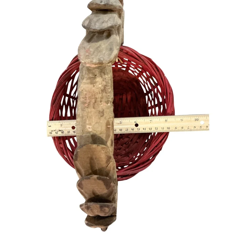 Vintage Hand Carved Wood Deer Handle Red Wicker Basket Rustic Folk Art 15x12x8.5